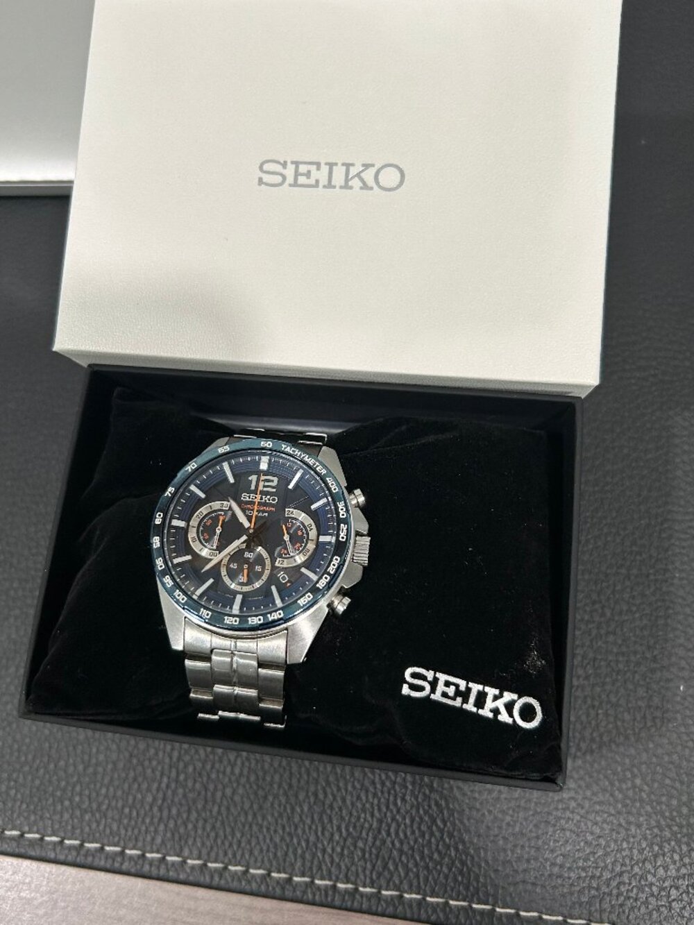 Men's Seiko Chronograph Stainless Steel Watch - Blue Dial - 40mm